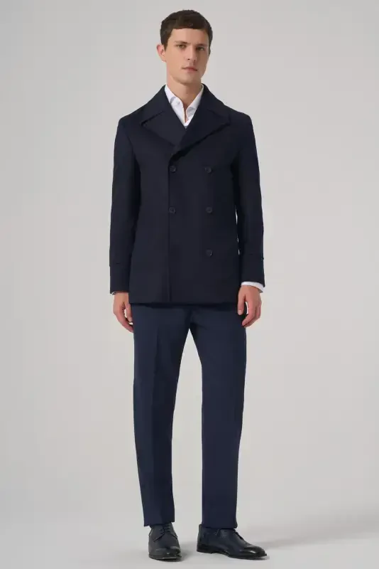 Modazone Men's Navy Blue Wool Double Breasted Dynamic Fit Peak Lapel Coat - 4