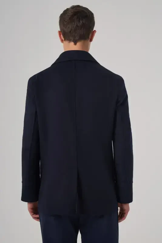 Modazone Men's Navy Blue Wool Double Breasted Dynamic Fit Peak Lapel Coat - 5