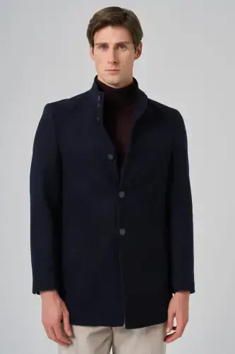 Modazone Men's Navy Blue Wool Plain Dynamic Fit Stand-up Collar Coat 