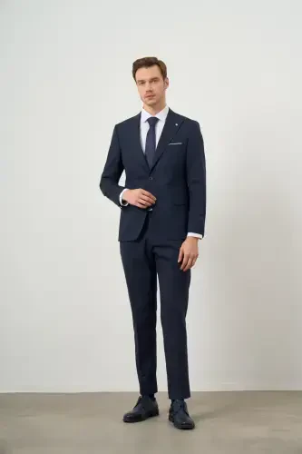Modazone Men's Navy Blue Wool Platinum Plain Pattern Slim Fit Pointed Collar Suit - 1