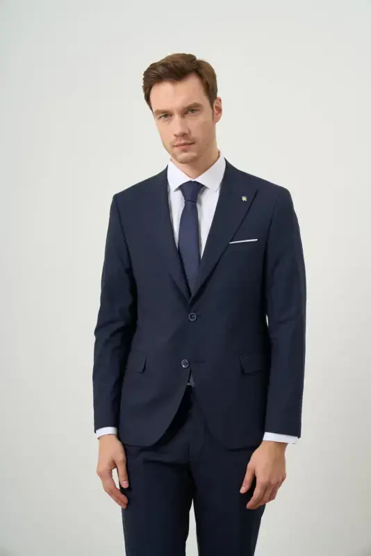 Modazone Men's Navy Blue Wool Platinum Plain Pattern Slim Fit Pointed Collar Suit - 2