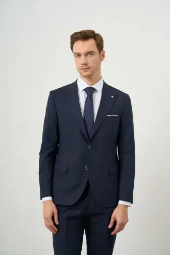 Modazone Men's Navy Blue Wool Platinum Plain Pattern Slim Fit Pointed Collar Suit - 4