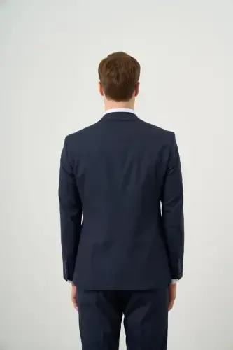 Modazone Men's Navy Blue Wool Platinum Plain Pattern Slim Fit Pointed Collar Suit - 5