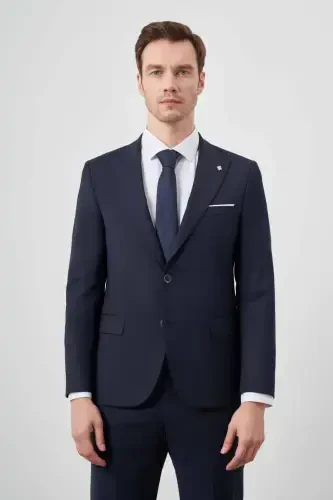 Modazone Men's Navy Blue Wool Platinum Plain Pattern Slim Fit Pointed Collar Suit - MORVEN (1)