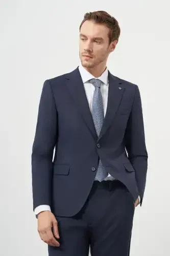 Modazone Men's Navy Blue Wool Slim Fit Notch Lapel Suit 