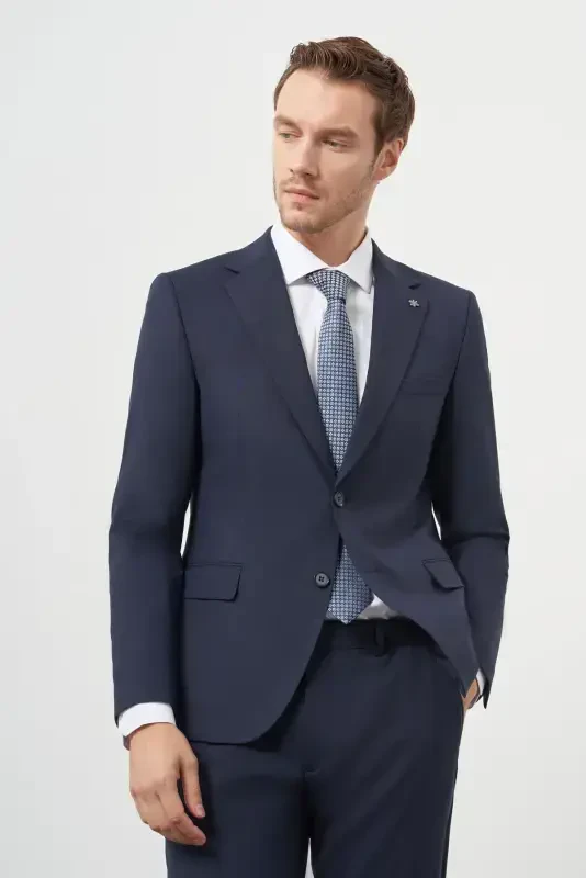 Modazone Men's Navy Blue Wool Slim Fit Notch Lapel Suit - 1