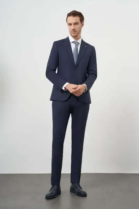 Modazone Men's Navy Blue Wool Slim Fit Notch Lapel Suit - 4
