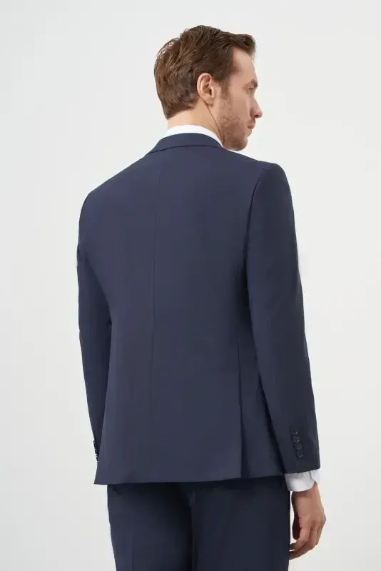Modazone Men's Navy Blue Wool Slim Fit Notch Lapel Suit - 5