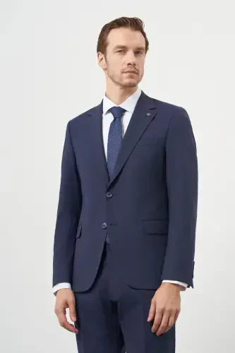 Modazone Men's Navy Blue Wool Slim Fit Notch Lapel Suit 