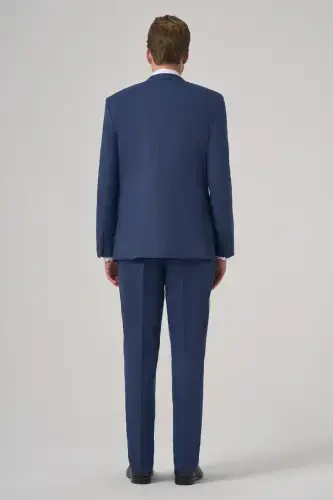 Modazone Men's Navy Blue Wool Trendy Patterned Dynamic Fit Mono Collar Suit - 5