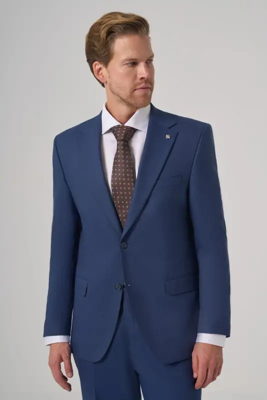 Modazone Men's Navy Blue Wool Trendy Patterned Dynamic Fit Mono Collar Suit - 2