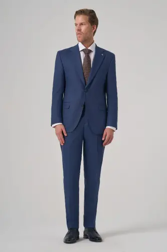 Modazone Men's Navy Blue Wool Trendy Patterned Dynamic Fit Mono Collar Suit - 3