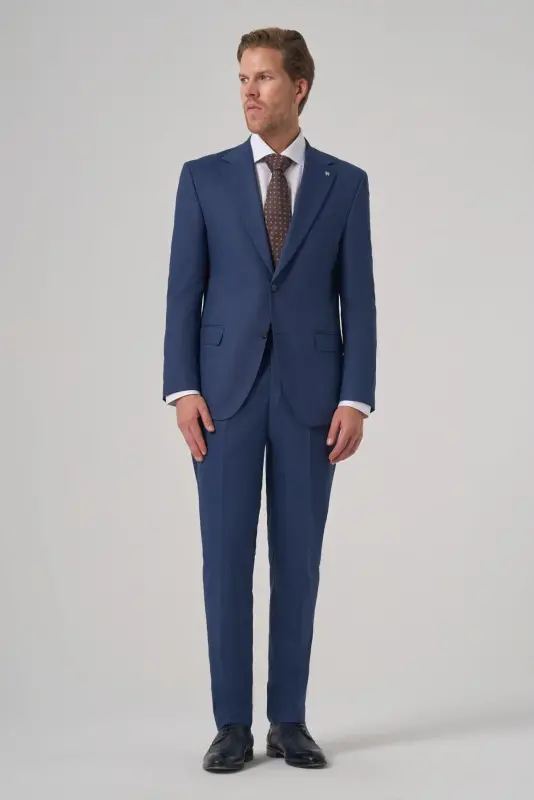 Modazone Men's Navy Blue Wool Trendy Patterned Dynamic Fit Mono Collar Suit - 3