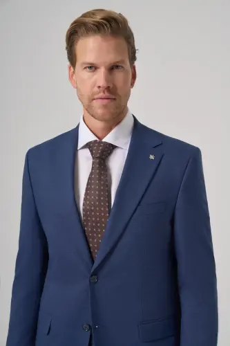 Modazone Men's Navy Blue Wool Trendy Patterned Dynamic Fit Mono Collar Suit - 4