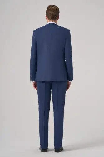 Modazone Men's Navy Blue Wool Trendy Patterned Dynamic Fit Mono Collar Suit - 5