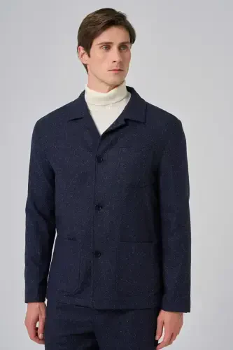 Modazone Men's Navy Blue Woolly Berber Collar Bag Pocket Shirt - 3