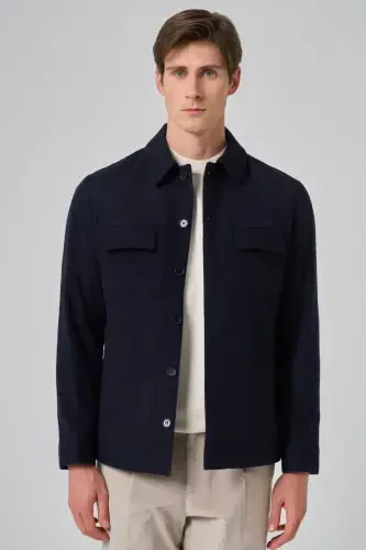 Modazone Men's Navy Blue Woolly Berber Collar Double Flap Pocket Shirt Jacket - 1