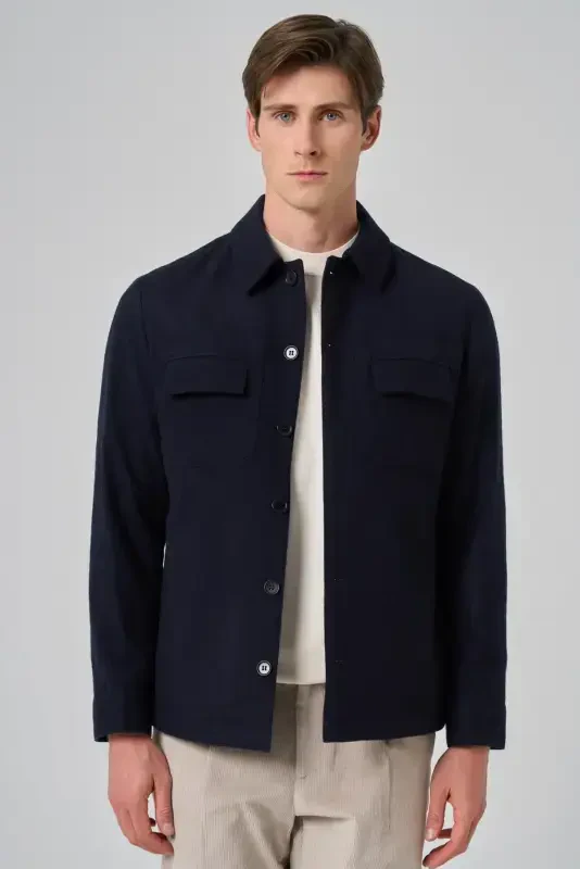 Modazone Men's Navy Blue Woolly Berber Collar Double Flap Pocket Shirt Jacket - MORVEN