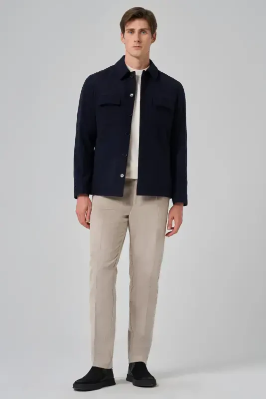 Modazone Men's Navy Blue Woolly Berber Collar Double Flap Pocket Shirt Jacket - 2