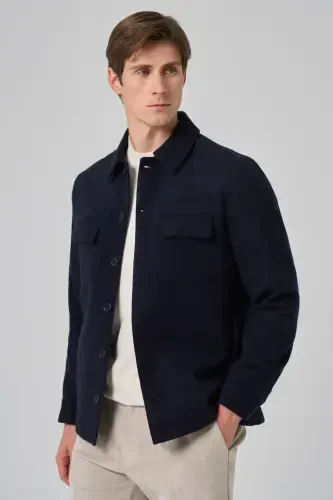 Modazone Men's Navy Blue Woolly Berber Collar Double Flap Pocket Shirt Jacket - 3