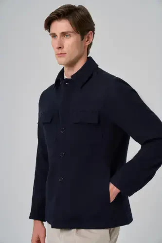 Modazone Men's Navy Blue Woolly Berber Collar Double Flap Pocket Shirt Jacket - 4