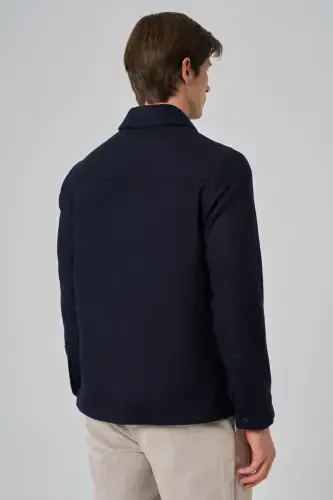 Modazone Men's Navy Blue Woolly Berber Collar Double Flap Pocket Shirt Jacket - 5