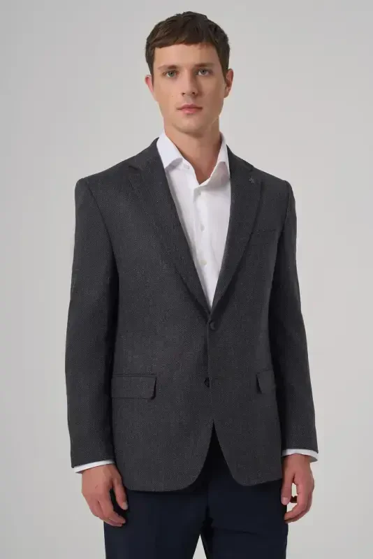 Modazone Men's Navy Blue Woven Patterned Dynamic Fit Mono Collar Jacket - 1