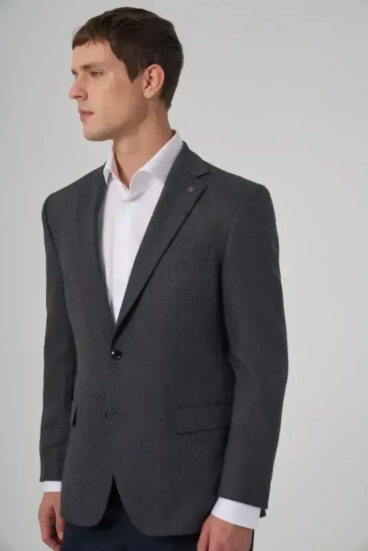 Modazone Men's Navy Blue Woven Patterned Dynamic Fit Mono Collar Jacket - 2