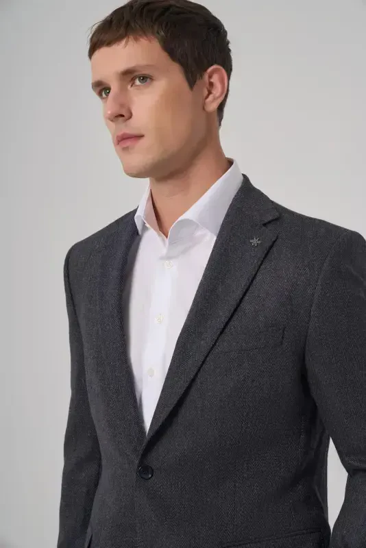 Modazone Men's Navy Blue Woven Patterned Dynamic Fit Mono Collar Jacket - 3