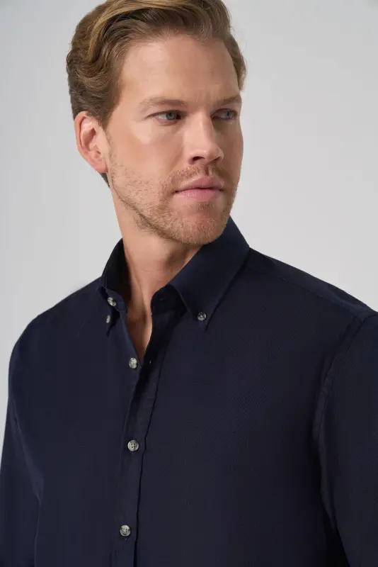Modazone Men's Navy Cotton Trend Dynamic Fit Button-Down Collar Shirt - 3