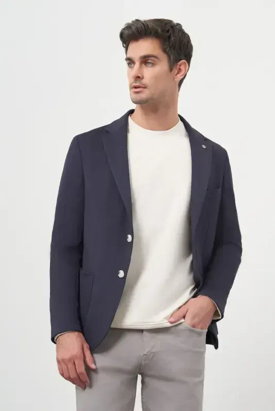 Modazone Men's Navy Knitted Slim Fit Patch Pocket Mono Collar Sports Jacket - 3