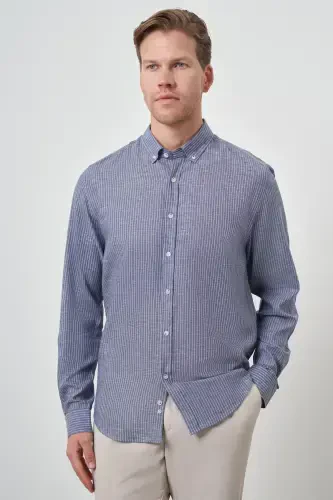 Modazone Men's Navy Linen Dynamic Fit Button-Down Collar Shirt 