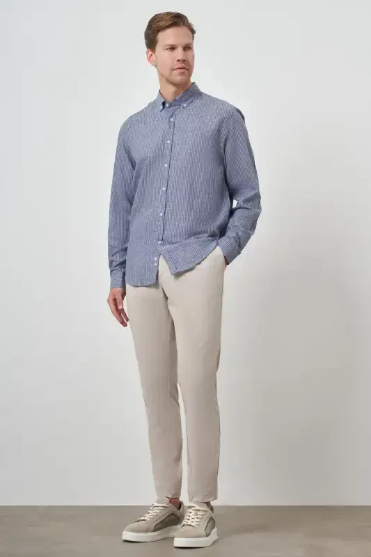 Modazone Men's Navy Linen Dynamic Fit Button-Down Collar Shirt - 2