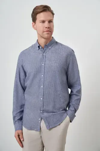 Modazone Men's Navy Linen Dynamic Fit Button-Down Collar Shirt - 3