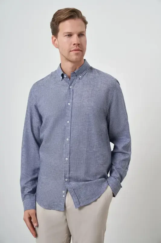 Modazone Men's Navy Linen Dynamic Fit Button-Down Collar Shirt - 3