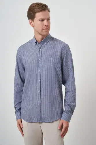 Modazone Men's Navy Linen Dynamic Fit Button-Down Collar Shirt - 4