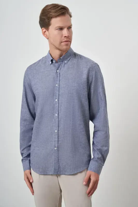 Modazone Men's Navy Linen Dynamic Fit Button-Down Collar Shirt - 4