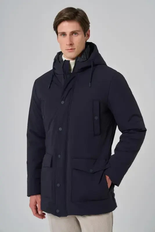 Modazone Men's Navy Polyamide Snap-Fastened Hooded Jacket - 1