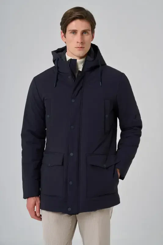Modazone Men's Navy Polyamide Snap-Fastened Hooded Jacket - 4