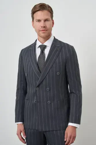 Modazone Men's Navy Tend Linen Double Breasted Slim Fit Pointed Collar Suit - 1