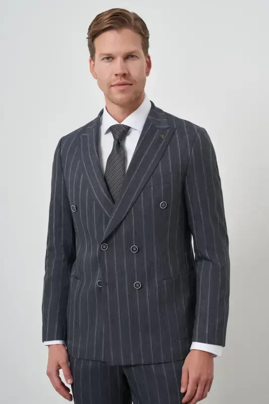 Modazone Men's Navy Tend Linen Double Breasted Slim Fit Pointed Collar Suit - 1