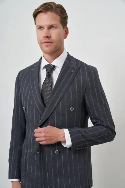 Modazone Men's Navy Tend Linen Double Breasted Slim Fit Pointed Collar Suit - 3