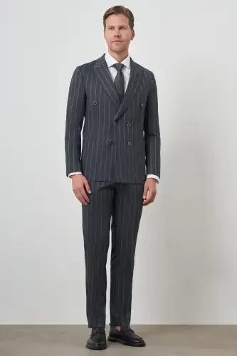 Modazone Men's Navy Tend Linen Double Breasted Slim Fit Pointed Collar Suit - 5