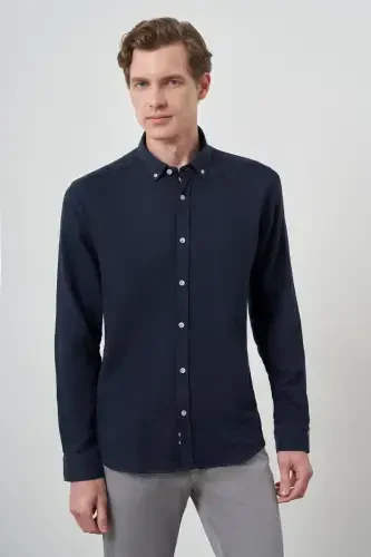 Modazone Men's Navy Trend Linen Slim Fit Button-Down Collar Shirt 