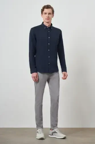 Modazone Men's Navy Trend Linen Slim Fit Button-Down Collar Shirt - 2