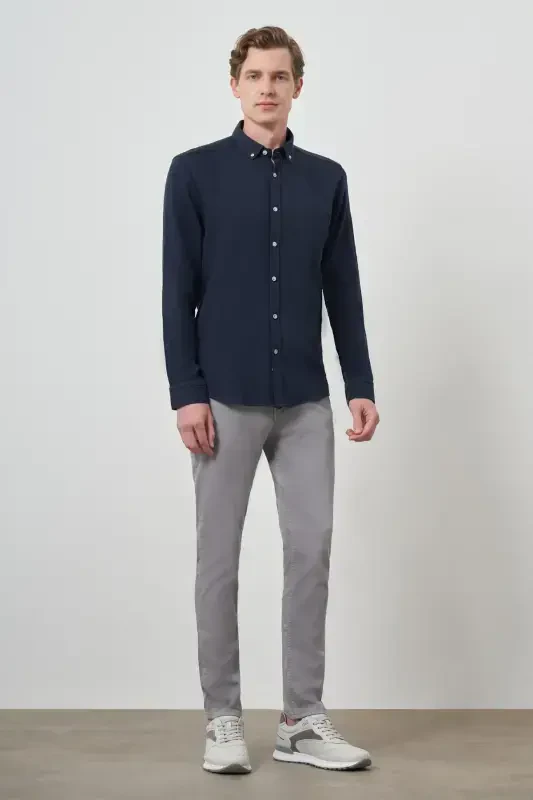 Modazone Men's Navy Trend Linen Slim Fit Button-Down Collar Shirt - 2