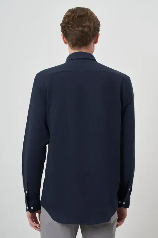 Modazone Men's Navy Trend Linen Slim Fit Button-Down Collar Shirt - 5