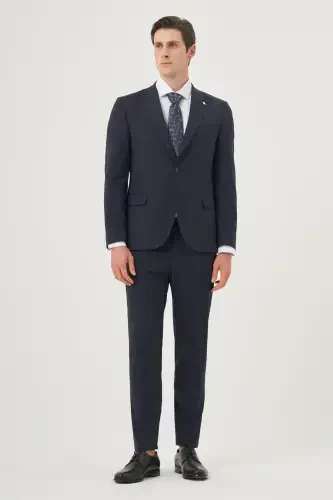 Modazone Men's Navy Wool Blend Trendy Plaid Slim Fit Pointed Collar Suit - MORVEN (1)