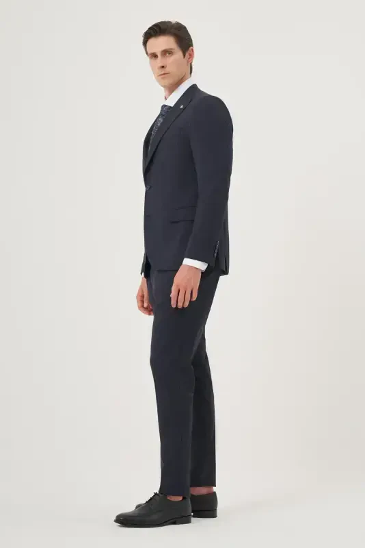 Modazone Men's Navy Wool Blend Trendy Plaid Slim Fit Pointed Collar Suit - 5