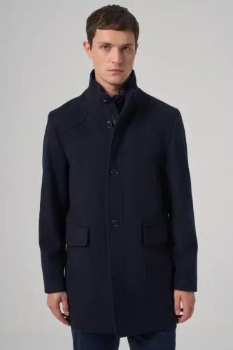 Modazone Men's Navy Wool Dynamic Fit Borgio Detachable Collar Coat - 1